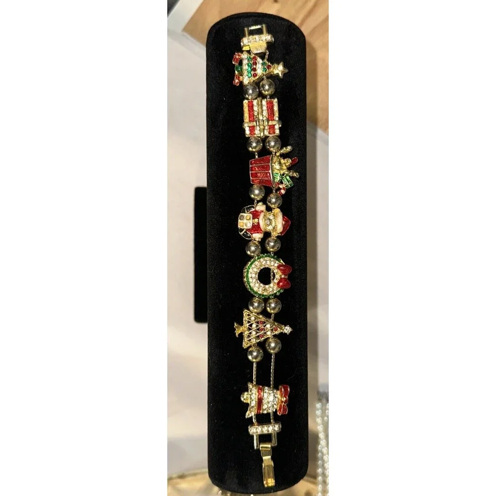 Christmas Slide Charm Bracelet Gold Tone Santa Tree Wreath